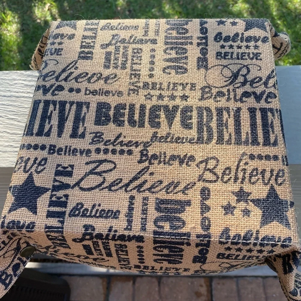 Burlap ‘Believe’ Basket. 10” square. Cute corners with snaps. Many uses 3” tall